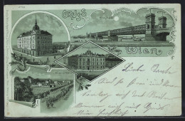Mondschein-Lithographie Wien, Hotel Theresienhof, Reichsbrücke, Albrechts-Kaserne  - Sonstige & Ohne Zuordnung
