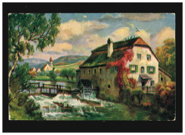 Landwirtschaft Mühle Fluss Steg Wehr Bäume Dorf Landschaft Malerei , Ungebraucht - Other & Unclassified