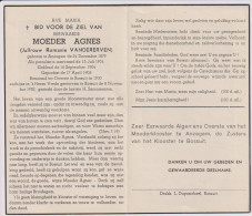 Devotie Doodsprentje Overlijden - Non Zuster Moeder Agnes - R. Vandererven - Anzegem 1879 - Bossuit 1952 - Overlijden