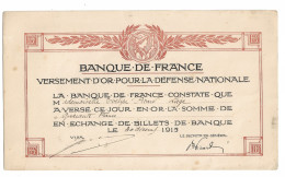 FRANCE - VERSEMENT OR POUR LA DEFENSE NATIONALE DE LA BANQUE DE FRANCE 1915 - Bank & Insurance