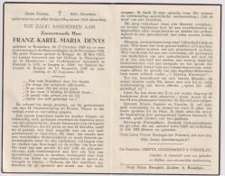 Devotie Doodsprentje - Pastoor Franz Denys - Roeselare 1898 - Nieuwpoort, Moeskroen, Kemmel, Izegem, Bossuit 1953 - Obituary Notices