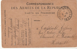 Cachet Trésor Et Postes 187 Du 6/9/1917 Sur Carte Franchise Militaire 3ème Colonial Pour Clermont L' Hérault - WW I