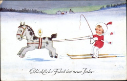 Artiste CPA Wills, John, Fröhliches Neujahr, Mädchen, Ski, Pferd - Other & Unclassified