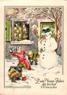 H2133 - Glückwunschkarte Neujahr - Kinder Winterlandschaft Schneemann Snowman - Verlag Thälmann DDR - New Year
