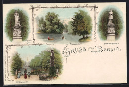 Lithographie Berlin-Tiergarten, Königin Louise-Denkmal, Friedrich Wilhelm III.-Denkmal, Rousseau-Insel, Goldfischteich  - Tiergarten