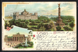 Lithographie Berlin, Reichstagsgebäude, Siegessäule, Brandenburger Thor  - Tiergarten