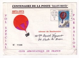 Lettre 1971 Centenaire Poste Ballons Montés Vol Spécial Par Ballon Club Aérostatique De France Betz Oise Montgolfière - Brieven En Documenten