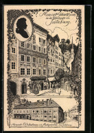 Künstler-AK Ulf Seidl: Salzburg, Mozarts Geburtshaus In Der Getreidegasse Und Sein Wohnhaus Am Marktplatz  - Andere & Zonder Classificatie