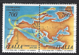 Italia 1990; Celebrazioni Colombiane: Antica Carta Geografica Con Le Rotte Seguite Da Colombo : Coppia Intera, Usata - 1981-90: Afgestempeld