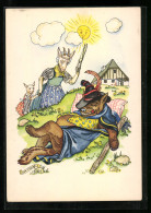 Künstler-AK Der Wolf Und Die Sieben Geisslein, Nr. 5 Der Wolf Ist Tot, Reklame Indanthren  - Fairy Tales, Popular Stories & Legends