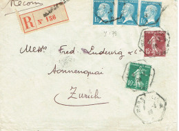 Tarifs Postaux Etranger Du 01-02-1926 (25) Pasteur N° 179 1,00 F. X 3 + Semeuse 15 C.+ 10 C.  Lettre Recom 40 G. RAU Mar - 1922-26 Pasteur