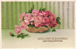 BIRTHDAY, FLOWERS, ROSES IN BASKET, SWITZERLAND, EMBOSSED POSTCARD - Birthday