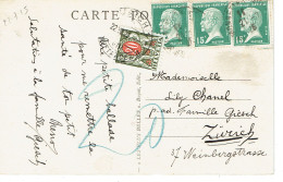 Tarifs Postaux Etranger Du 16-07-1925 (38) Pasteur N° 172 15 C. X 3 +  Taxe Suisse 30 C. Carte Postale Etranger 16-07-19 - 1922-26 Pasteur