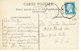 Tarifs Postaux Etranger Du 01-02-1926 (44) Pasteur N° 177 75 C.  Carte Postale Etranger New York Le Havre D 10-04-1926 - 1922-26 Pasteur