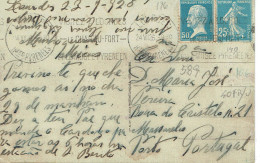 Tarifs Postaux Etranger Du 01-02-1926 (50) Pasteur N° 176 50 C. + Semeuse 25 C.  Carte Postale Etranger Portugal   RARE - 1922-26 Pasteur