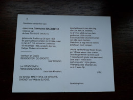 Germaine Maertens ° Knokke 1906 + Knokke-Heist 1990 X Firmin De Groote (Fam: Dhondt - Van De Slycke - Dendooven) - Obituary Notices