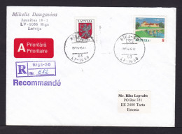 Latvia: Registered Priority Cover To Estonia, 1995, 2 Stamps, Castle, Bridge, Heraldry, Red A-label (traces Of Use) - Latvia