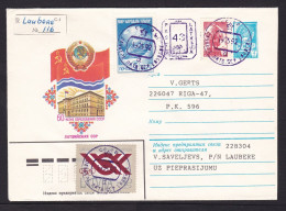 Latvia: Registered Cover, 1992, Mix USSR Stationery & Stamps, Provisory Value Overprint, Rare R-label (traces Of Use) - Letland