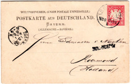 Bayern 1885, Stations-Stpl. L1 NUERNBERG Auf Ganzsache M. Bahnpost Nbg.- Wzbg.II - Cartas & Documentos