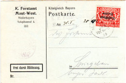 Bayern 1920, 15 Pf. Dienst Auf Frei Durch Ablösung Karte V. Forstamt Maut - Cartas & Documentos