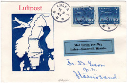 Schweden 1944, 2x10 öre On 1st. Flight Cover From Lulea To Sundsvall Härnösand - Briefe U. Dokumente