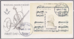 Mozart, Member Masonic Lodge Zur Wohltätigkeit, Freemasonry, Composer, Musical Instrument Music Language MS FDC Tanzania - Francmasonería