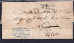 BELLISSIMA  LETTERA DEL 1848 DA TORINO  A UTELLE CORSIVI NERI TORINO E NIZZA. E BELLISSIMO TIMBRO BLU  INTERESSANTE. - 1. ...-1850 Prephilately