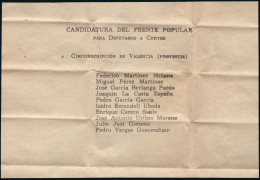 Valencia - Papeleta "Candidatura Del Frente Popular - Para Diputados A Cortes - Circunscripción De Valencia" - Carnets