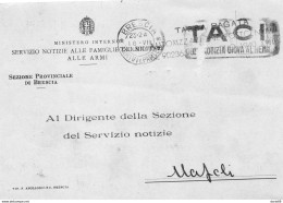 1943 CARTOLINA INTESTATA  MINISTERO INTERNO SERVIZIO NOTIZIE ALLE FAMIGLIE DEI MILITARI CON ANNULLO BRESCIA + TARGHETTA - Marcophilie