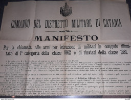 1888  MANIFESTO CATANIA COMANDO DISTRETTO MILITARE RICHIAMO ALLE ARMI - Documents Historiques