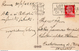 1942  CARTOLINA CON ANNULLO  ROMA        +  TARGHETTA  LOTTERIA AUTOMOBILISTICA DI TRIPOLI - Marcofilía