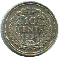 10 CENTS 1934 NETHERLANDS SILVER Coin #AR967.U.A - 10 Centavos