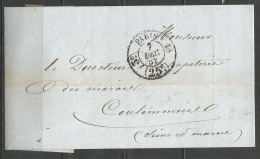 France - LSC Paris à Coulommiers Du 7/12/52 - Cachet Taxe 25 Cts Paris 3e Vacation Route N°18 (route De Forbach) - 1849-1876: Klassieke Periode