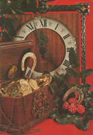 Happy New Year Christmas TABLE CLOCK HORSESHOE Vintage Postcard CPSM #PAT734.GB - Nouvel An