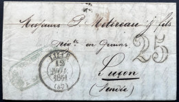 MARQUE POSTALE LILLE POUR LUCON VENDEE / 1851 / LAC / TAXE 25 DOUBLE TRAIT - 1849-1876: Periodo Clásico