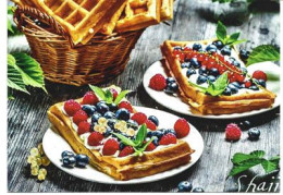 Waffles With Strawberries. Postcard - Cafes