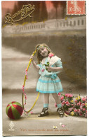 CPA Couleur Voyagé 1917 * Bonne Fête Petite Fille Fillette Jouet Grand Cerceau Ballon Vers Vous S'envole Toute Ma Pensée - Scènes & Paysages