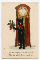 Carte Peinte à La Main.chat Noir Black Cat " Je Sors De L'horloge à Minuit Sonnant Pour Vous Porter Le Houx Du Nouvel An - Katten