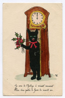 Carte Peinte à La Main.chat Noir Black Cat " Je Sors De L'horloge à Minuit Sonnant Pour Vous Porter Le Houx Du Nouvel An - Gatti