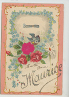 PRÉNOMS - Jolie Carte Fantaisie Gaufrée Oiseau Mésange & Fleurs Roses Myosotis Marguerite Prénom MAURICE (embossed Card) - Nombres