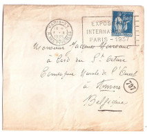 PARIS XX R Pyrénées Lettre 1,50 F Paix Yv 288  Dest Bruxelles Marque Arrivée 797 Ob Meca 1935 Expo Internationale 1937 - Oblitérations Mécaniques (flammes)