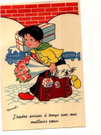 BERNET J'espere Arriver A Temps...enfant Chargé,valise,paquets Cadeaux,fleurs,chien, Train Au Loin - Autres & Non Classés