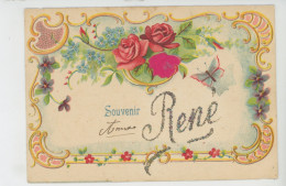 PRÉNOMS - BUFFERFLY - Jolie Carte Fantaisie Gaufrée Fleurs Roses Et Papillon Prénom RENÉ (embossed Card) - Nombres