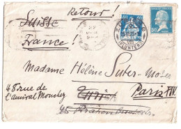 PARIS Lettre Dest Zurich Suisse 50c Pasteur Yv 176 REAFFRANCHIE Vers FRANCE  Suisse 40c Helvetia FLUNTERN AUTRE Adresse - 1921-1960: Période Moderne