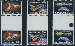 Suriname, Republic 1982 Space 3v, Gutter Pairs, Mint NH, Transport - Space Exploration - Surinam