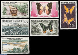 Madagascar 1960 Definitives 6v, Mint NH, Health - Nature - Transport - Various - Smoking & Tobacco - Butterflies - Rai.. - Tabac