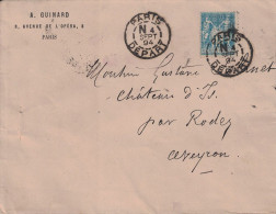 SAGE - PARIS DEPART - DATEUR AVEC GRAND N POUR NUIT - ENVELOPPE DU 4 SEPTEMBRE 1894. - 1876-1898 Sage (Type II)