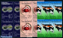 Netherlands 1974 Mixed Issue 3v Blocks Of 4 [+], Mint NH, Health - Nature - Transport - Health - Cattle - Ships And Bo.. - Nuovi