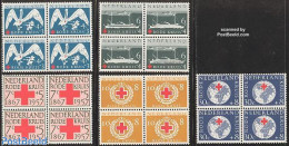 Netherlands 1957 Red Cross 5v, Blocks Of 4 [+], Mint NH, Health - Nature - Transport - Red Cross - Birds - Ships And B.. - Ongebruikt