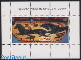 Suriname, Republic 2004 Olympic Games S/s, Mint NH, Nature - Sport - Birds - Horses - Olympic Games - Art - Ceramics - Porcellana